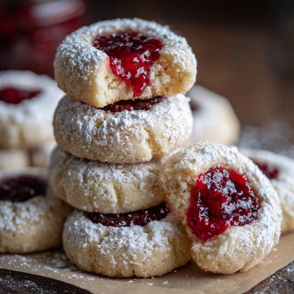 Himbeer Marmeladen Plaetzchen Angeschnitten 1 Himbeer-Marmeladen-Plätzchen mit einem Biss, der die leckere Himbeermarmelade im Inneren zeigt, die aus dem Gebäck herausquillt.