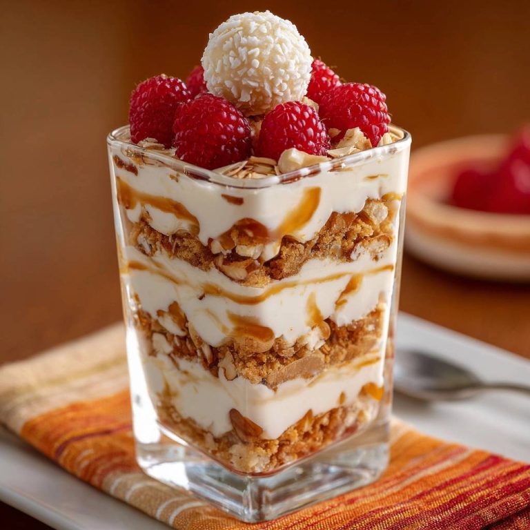 Himbeer-Toffee-Crunch-Parfait in einem Glas serviert, mit frischen Himbeeren und einem Kokos-Trüffel garniert. Der perfekte Nachtisch!
