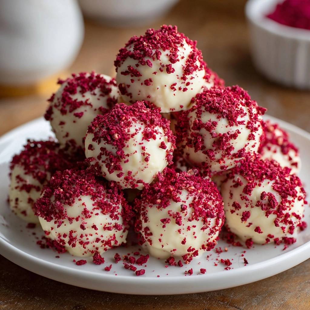 Himbeer Weisschokoladen Trffel Draufsicht Serviert 1 Himbeer-Weißschokoladen-Trüffel auf einem weißen Teller serviert, dekoriert mit zerbröselten Himbeeren, die zu einem verführerischen Anblick einladen.