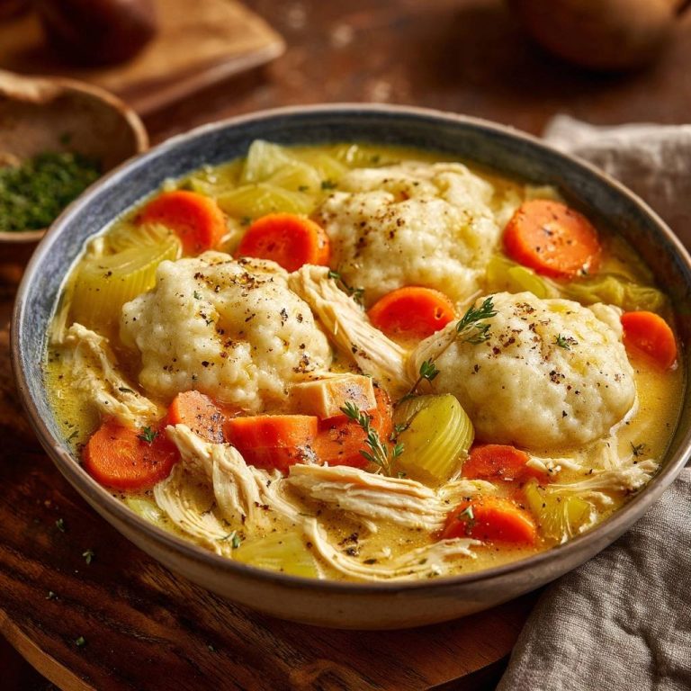 Hühnersuppe mit fluffigen Klößen in einer Schüssel aus der Vogelperspektive, mit Gemüse und frischen Kräutern serviert.