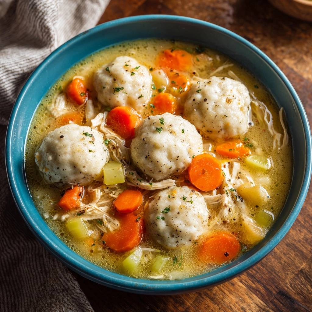 Huehnersuppe Mit Kloessen Draufsicht 1 Hühnersuppe mit fluffigen Klößen in einer blauen Schüssel, serviert mit Karotten, Sellerie und einer Nahaufnahme der fertigen Mahlzeit.