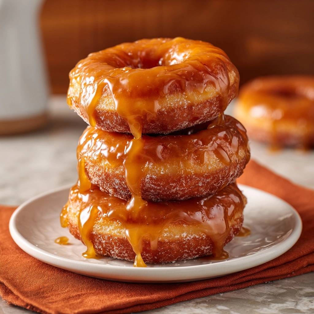 Karamell Donuts Nahaufnahme Mit Karamellguss 1 Karamell-Donuts in Nahaufnahme mit fließendem Karamellguss, perfekt gestapelt auf einem Teller, bereit zum Genießen.