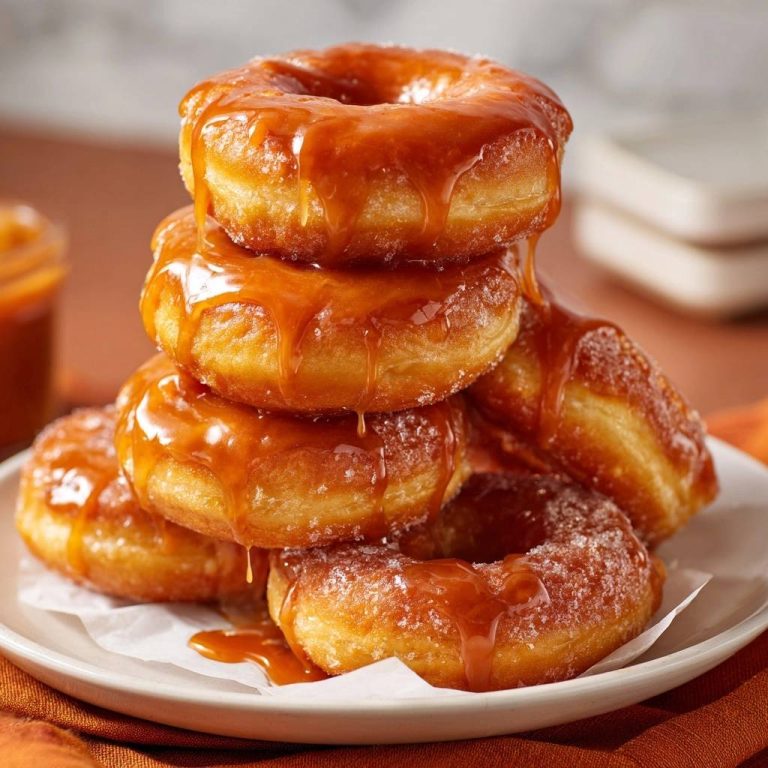 Karamell-Donuts in Nahaufnahme mit flüssigem Karamellguss, der von den goldbraunen Donuts herabfließt und auf dem Teller landet.