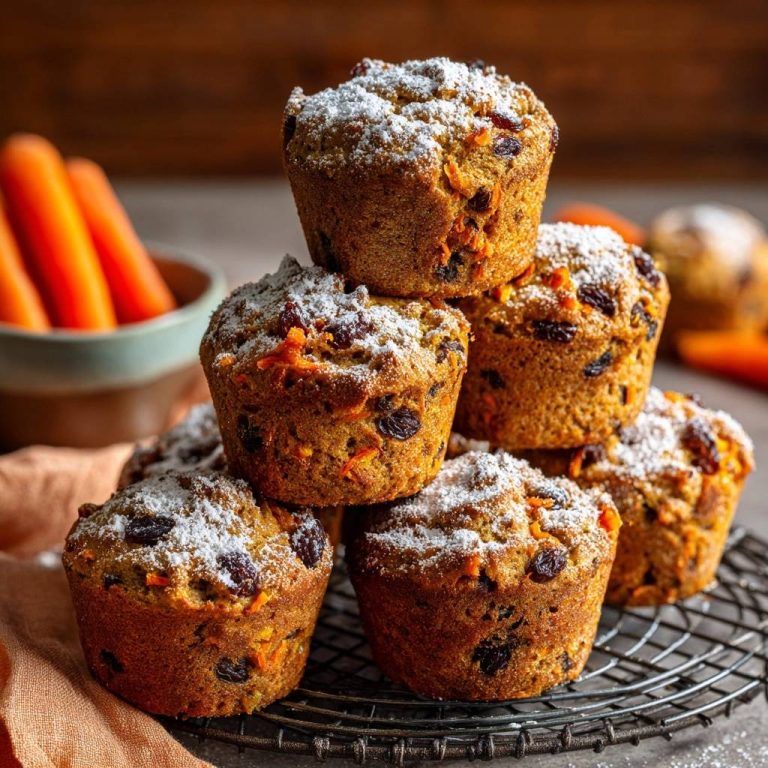 Karotten-Rosinen-Muffins gestapelt auf einem Kühlgitter, mit Puderzucker bestäubt, bereit zum Genießen. Köstliche, hausgemachte Muffins.