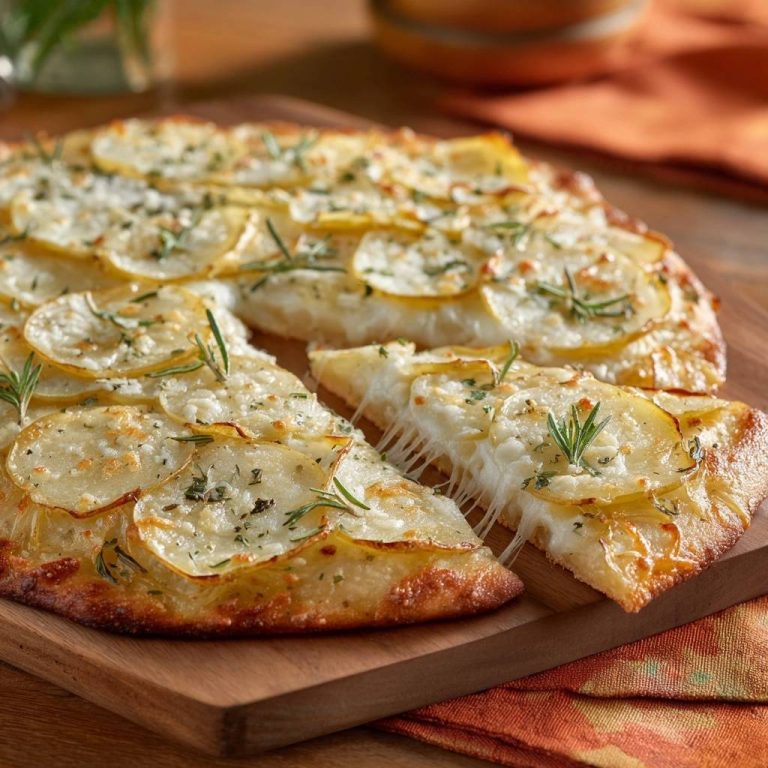 Kartoffel-Rosmarin-Pizza, ein köstlicher Genuss, zeigt einen Nah-Querschnitt mit geschmolzenem Käse, der sich zieht. Die perfekte Pizza mit Kartoffelscheiben.