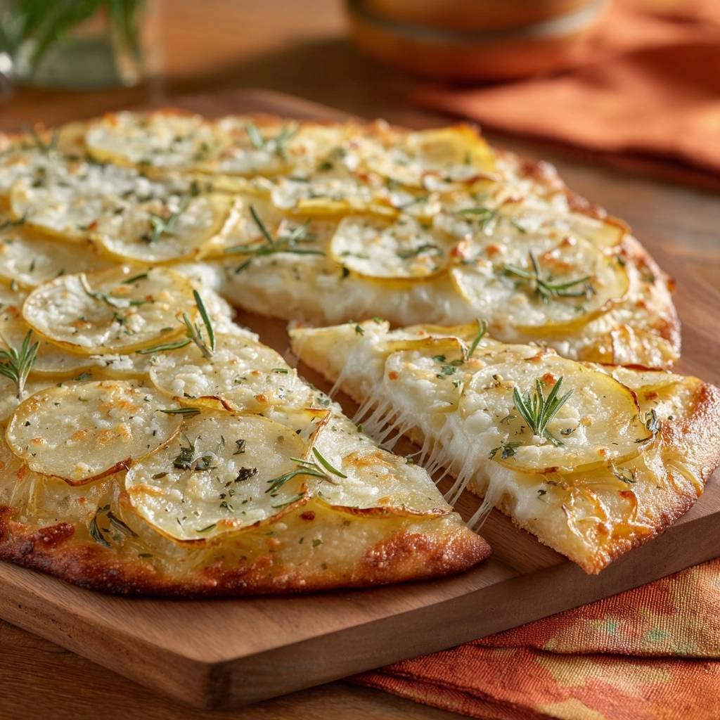 Kartoffel-Rosmarin-Pizza, ein köstlicher Genuss, zeigt einen Nah-Querschnitt mit geschmolzenem Käse, der sich zieht. Die perfekte Pizza mit Kartoffelscheiben.