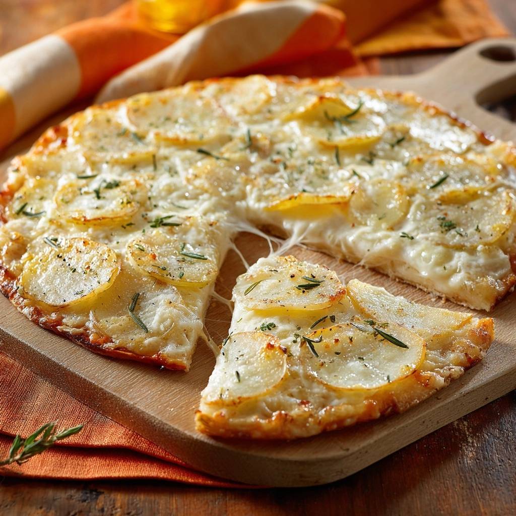 Kartoffel Rosmarin Pizza Querschnitt Nahaufnahme 1 Kartoffel-Rosmarin-Pizza mit einem angeschnittenen Stück, das den geschmolzenen Käse und die knusprige Kruste zeigt.