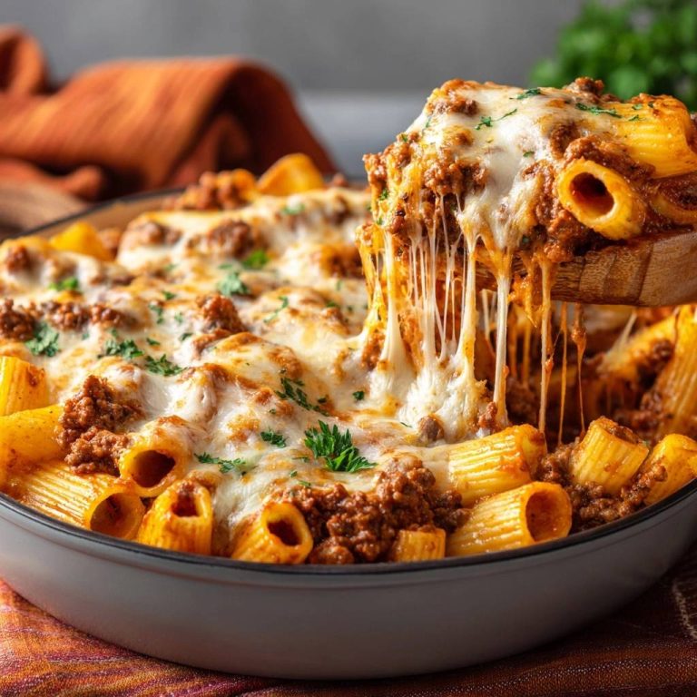 Käseüberbackene Rigatoni Bolognese mit geschmolzenem Käse, der sich von einer Holzschöpfkelle zieht, präsentiert in einer Auflaufform.