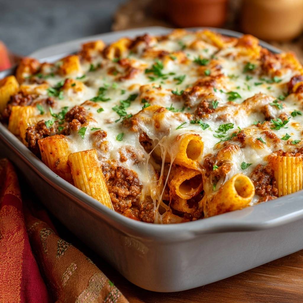 Kaseuberbackene Rigatoni Bolognese Nahaufnahme 1 Käseüberbackene Rigatoni Bolognese im Detail: Geschmolzener Käse zieht sich beim Herausnehmen aus der Auflaufform, garniert mit frischer Petersilie.