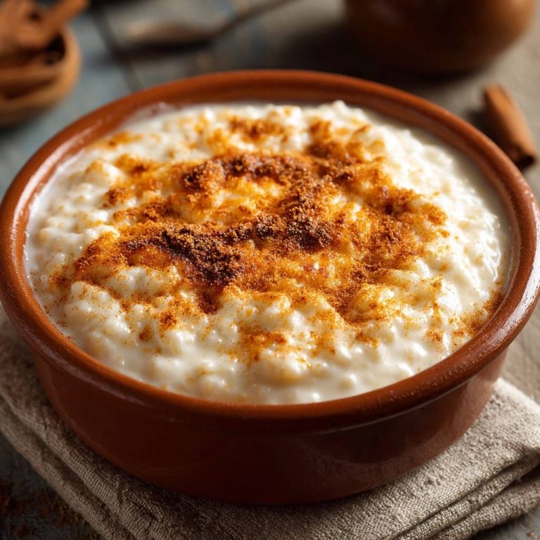 Klassischer Milchreis mit knuspriger Zimtkruste, serviert in einer braunen Schüssel, mit Zimt bestreut, von oben fotografiert.