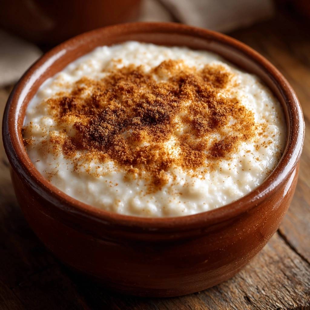 Klassischer Milchreis Zimtkruste Nahaufnahme 1 Klassischer Milchreis mit knuspriger Zimtkruste in einer braunen Schale, aus nächster Nähe betrachtet, mit Zimt bestreut.