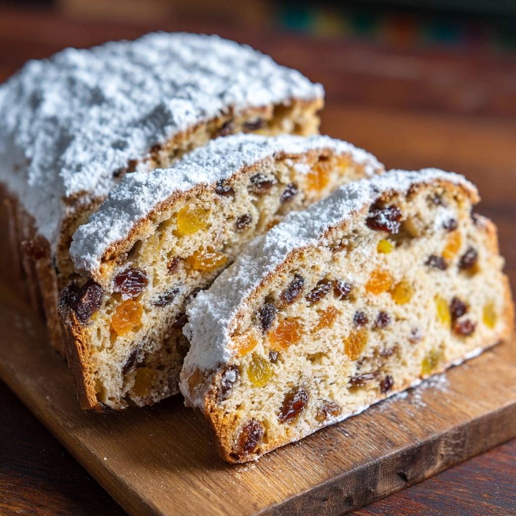 Klassischer Weihnachtsstollen Querschnitt Anschnitt 1 Klassischer Weihnachtsstollen, der angeschnitten auf einem Holzbrett liegt, zeigt die saftige Füllung mit Trockenfrüchten und Puderzucker.