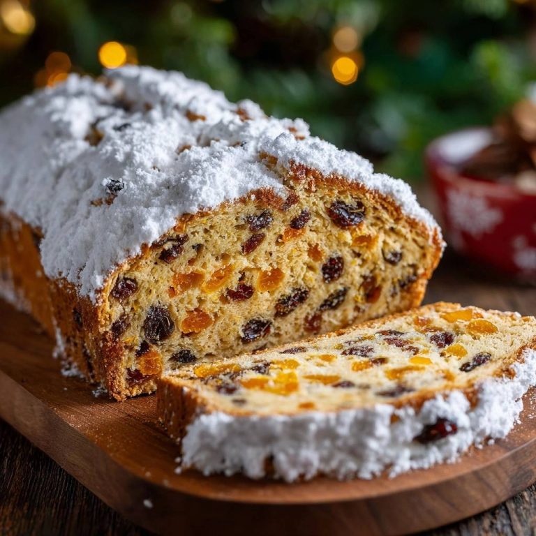 Klassischer Weihnachtsstollen mit Rosinen und Trockenfrüchten, angeschnitten und in Nahaufnahme, zeigt die saftige Füllung. Ein traditionelles Weihnachtsgebäck.