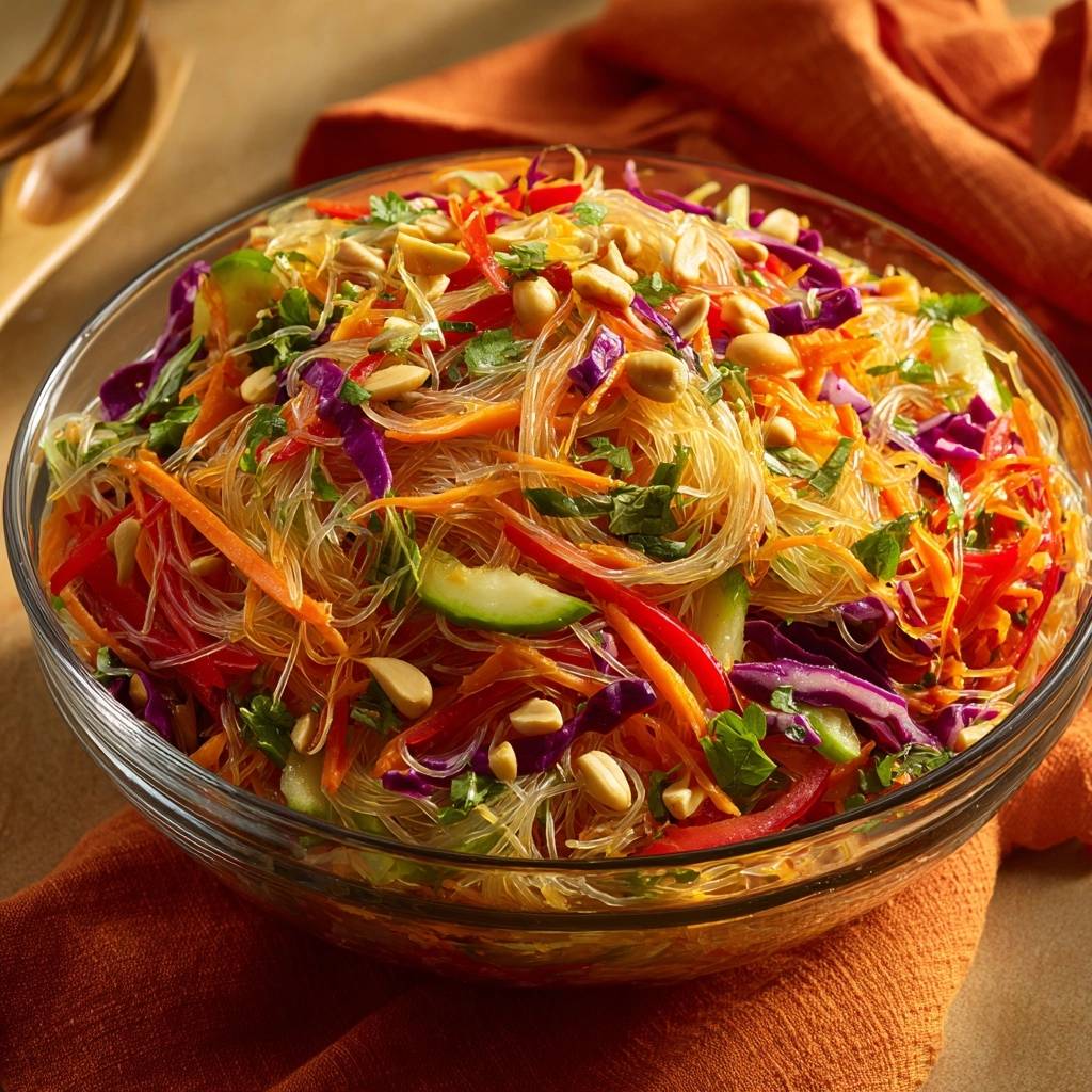 Knackiger Glasnudelsalat Mit Gemuese Erdnuessen Draufsicht 1 Knackiger Glasnudelsalat mit Gemüse und Erdnüssen, in einer Glasbowl von oben fotografiert, mit frischem Gemüse und knackigen Erdnüssen.