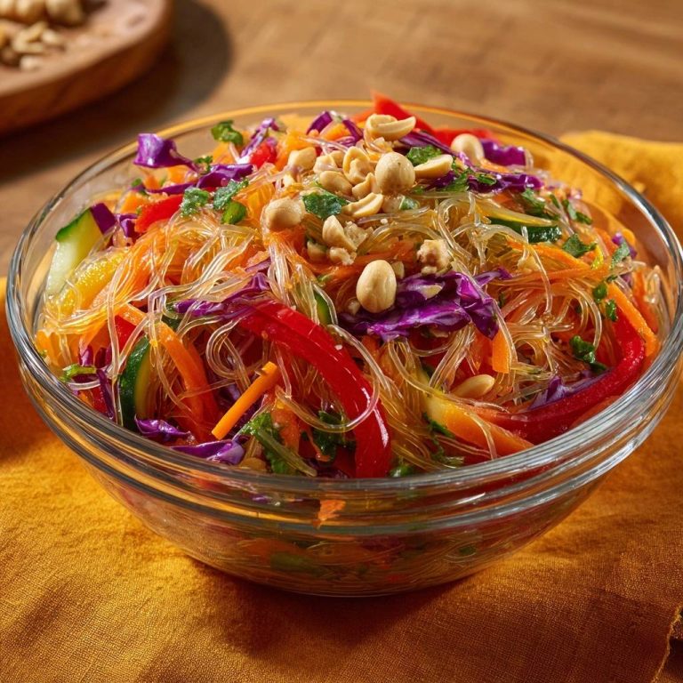 Knackiger Glasnudelsalat mit Gemüse und Erdnüssen in einer Nahaufnahme, der die frischen Zutaten und die knackigen Nudeln zeigt.