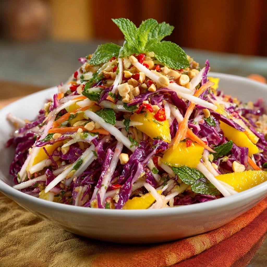 Knackiger Mango Krautsalat Draufsicht Serviert 1 Knackiger Mango-Krautsalat in einer weißen Schüssel serviert, garniert mit frischer Minze und Erdnüssen, von oben fotografiert.