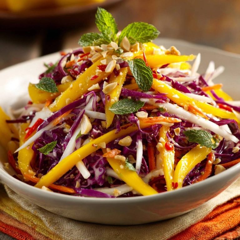 Knackiger Mango-Krautsalat in einer Schüssel serviert, mit frischer Minze und Erdnüssen garniert, ein farbenfrohes und gesundes Gericht.