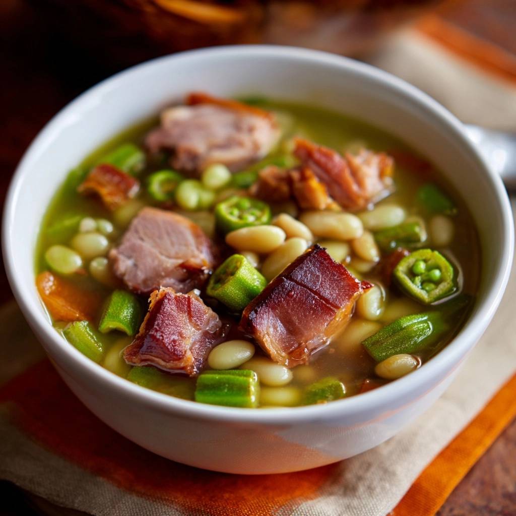 Knackiger Okra Bohnen Eintopf Nahaufnahme 1 Knackiger Okra-Bohnen-Eintopf mit Räuchertofu in Nahaufnahme, serviert in einer weißen Schüssel auf einem rustikalen Untersetzer. Die herzhafte Suppe ist mit Okra, Bohnen und Räuchertofu zubereitet.