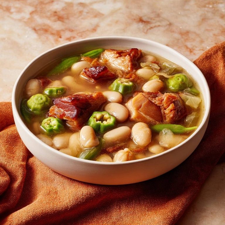Knackiger Okra-Bohnen-Eintopf in Nahaufnahme, serviert in einer weißen Schüssel auf einem orangefarbenen Tischtuch. Der Eintopf besteht aus Okra, Bohnen und Räuchertofu.