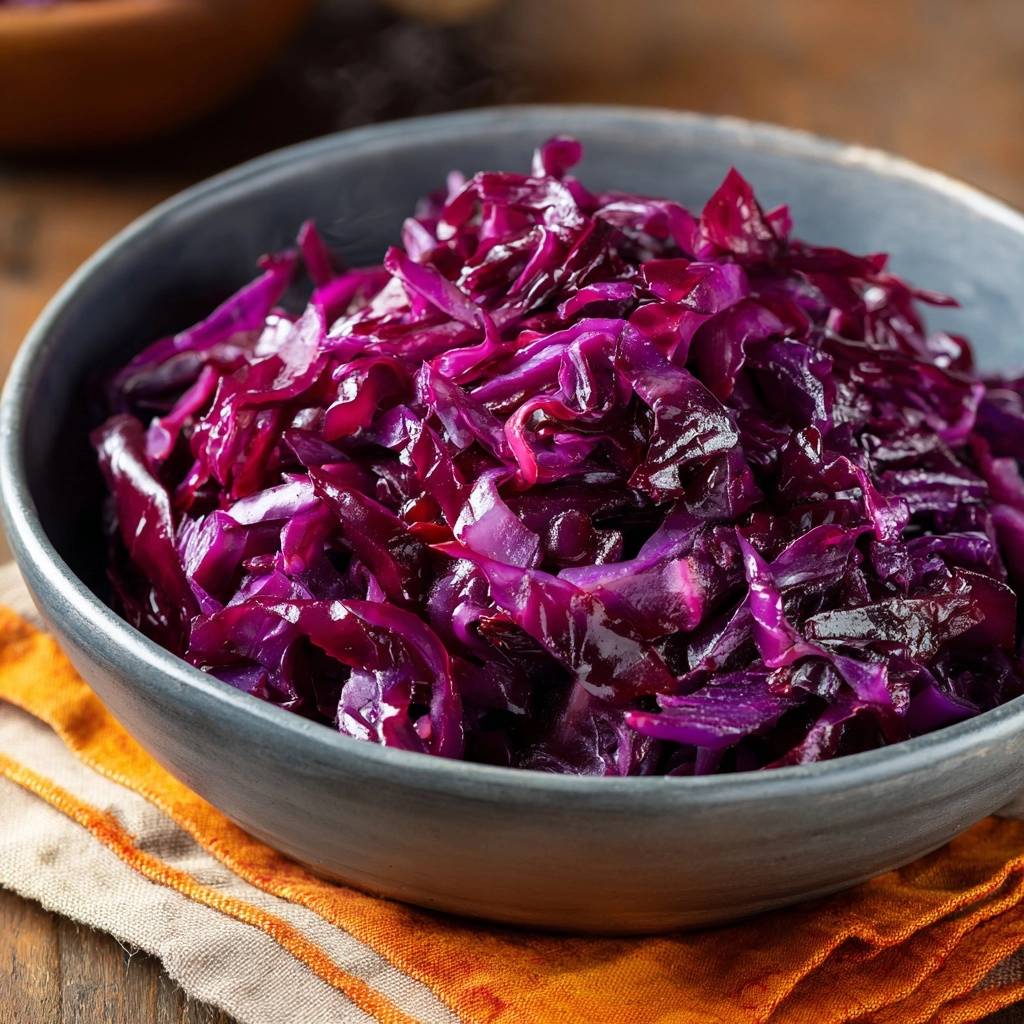 Knackiger Rotkohl Wie Bei Oma Nahaufnahme 1 Knackiger Rotkohl wie bei Oma in einer Nahaufnahme, der die glänzende Textur des geschmorten Krauts zeigt.