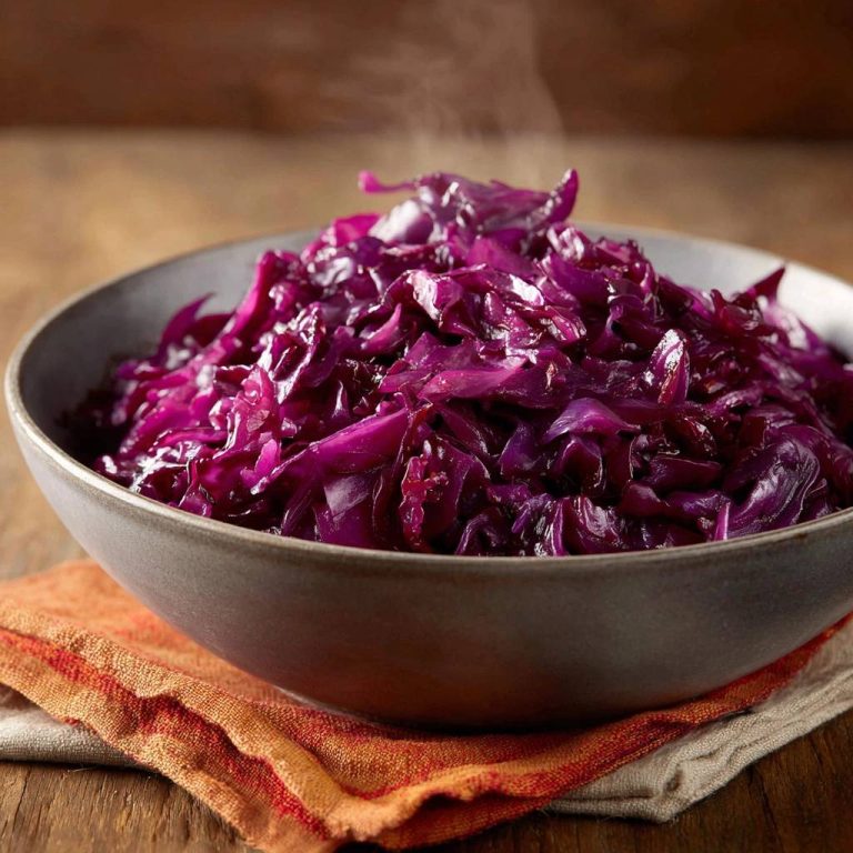 Knackiger Rotkohl wie bei Oma in einer Nahaufnahme, der dampft und die frische Textur des Gemüses zeigt.