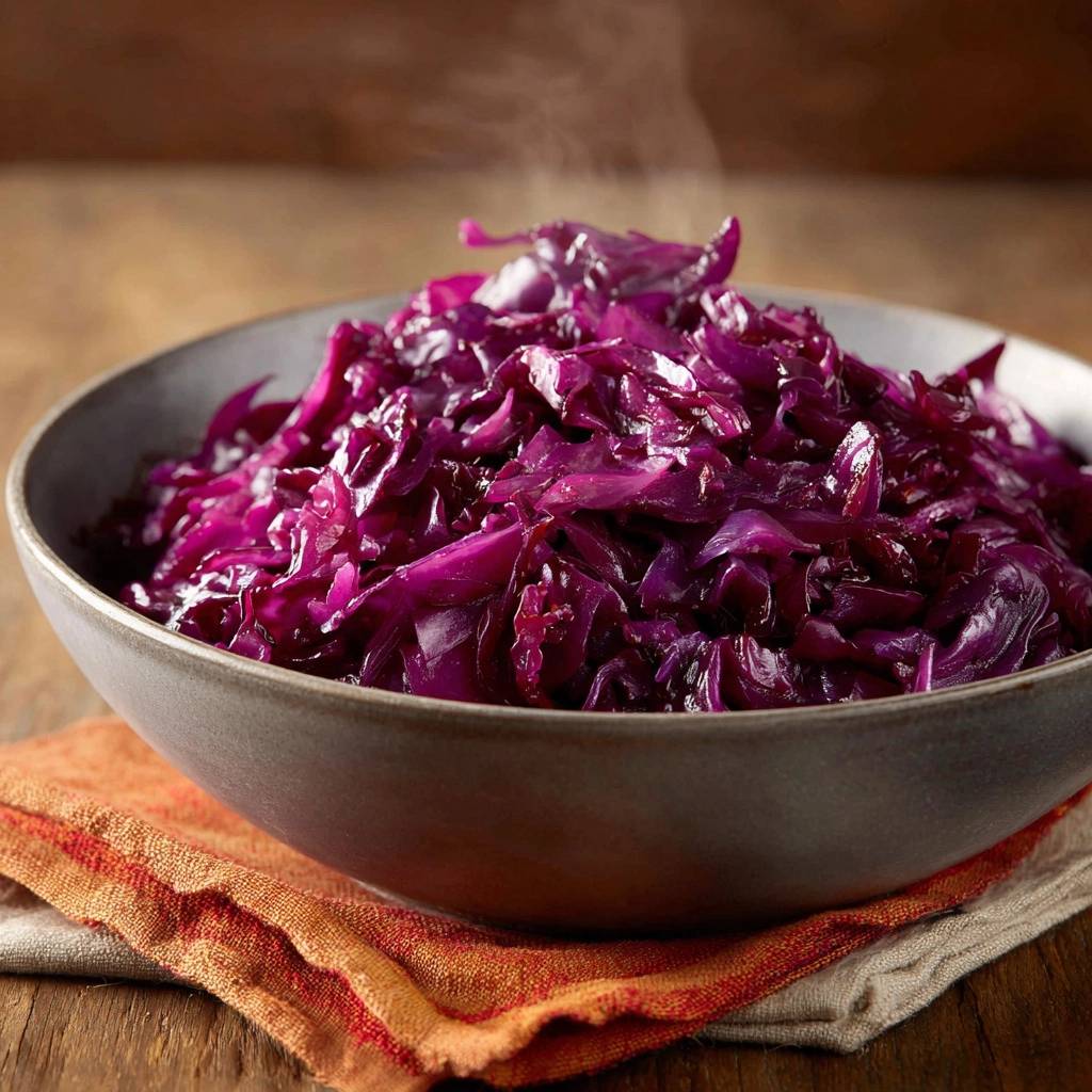 Knackiger Rotkohl wie bei Oma in einer Nahaufnahme, der dampft und die frische Textur des Gemüses zeigt.