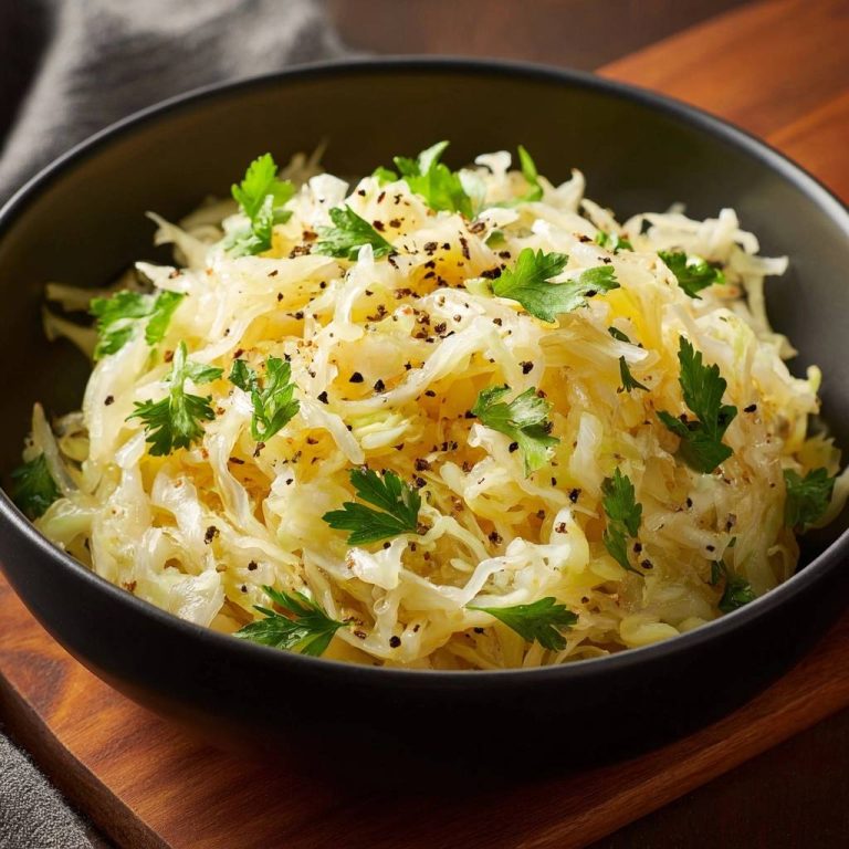 Knackiger Weißkohlsalat, serviert in einer schwarzen Schüssel, garniert mit frischer Petersilie und grobem Pfeffer. Ein köstliches und einfaches Gericht.