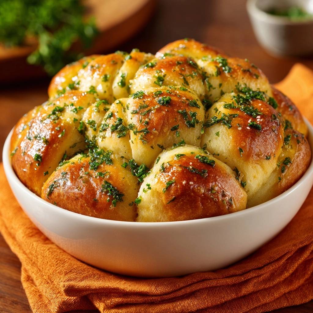 Knoblauch Petersilie Pull Apart Broetchen Draufsicht 1 Knoblauch-Petersilie Pull-Apart Brötchen in einer weißen Schüssel von oben gesehen, mit frischer Petersilie garniert und serviert.