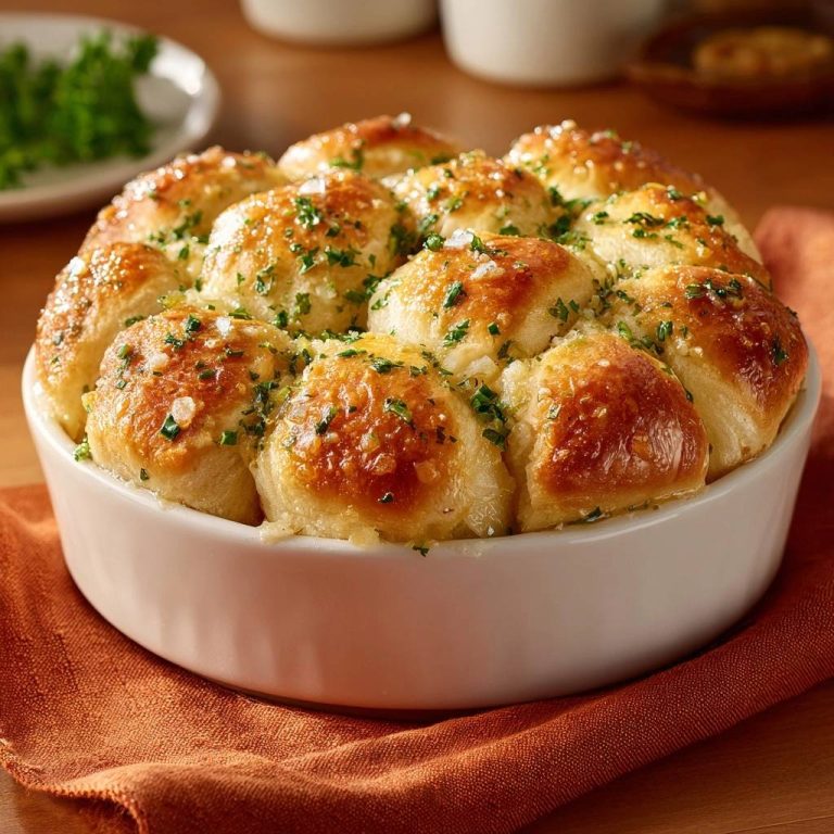 Knoblauch-Petersilie Pull-Apart Brötchen, frisch gebacken in einer weißen Schüssel serviert, mit Petersilie und Meersalz garniert.