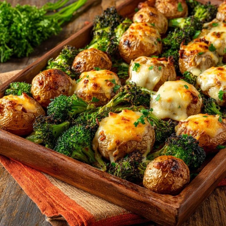 Knusprige Babykartoffeln mit Brokkoli und Käse in einer Holzschale, serviert aus der Vogelperspektive mit frischen Kräutern.