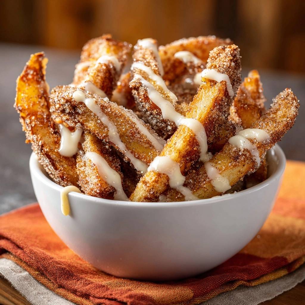 Knusprige Churros Mit Cremigem Vanilledip Nahaufnahme 1 Knusprige Churros mit cremigem Vanilledip in einer weißen Schüssel, bedeckt mit weißer Glasur und Zimtzucker. Ein köstliches Dessert!