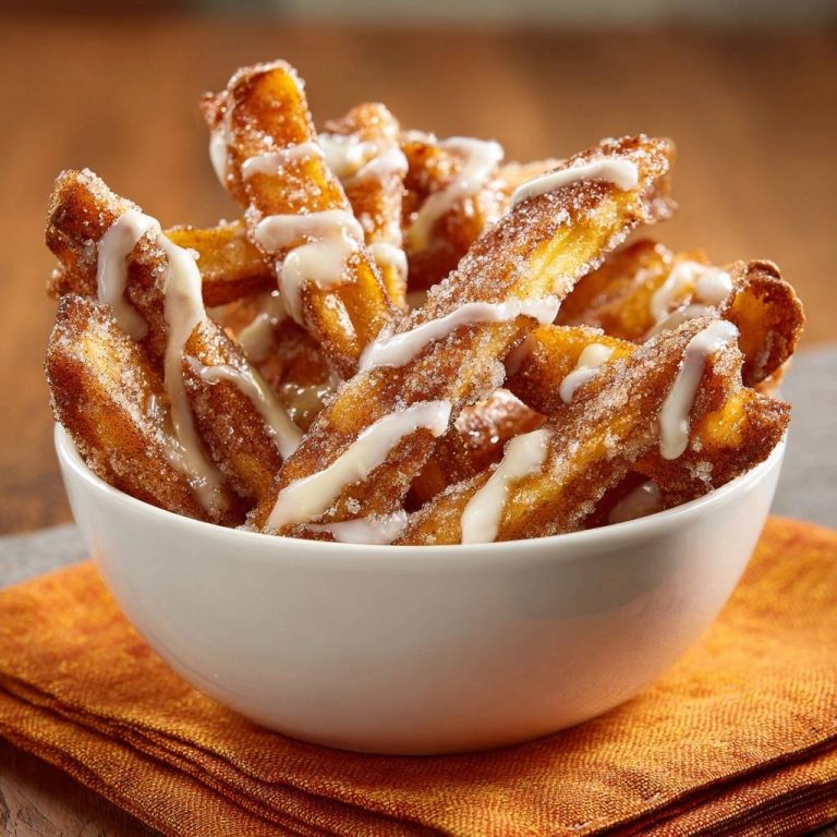 Knusprige Churros mit cremigem Vanilledip in einer Nahaufnahme, überzogen mit süßem Zuckerguss und Zimt. Die Textur ist deutlich erkennbar.