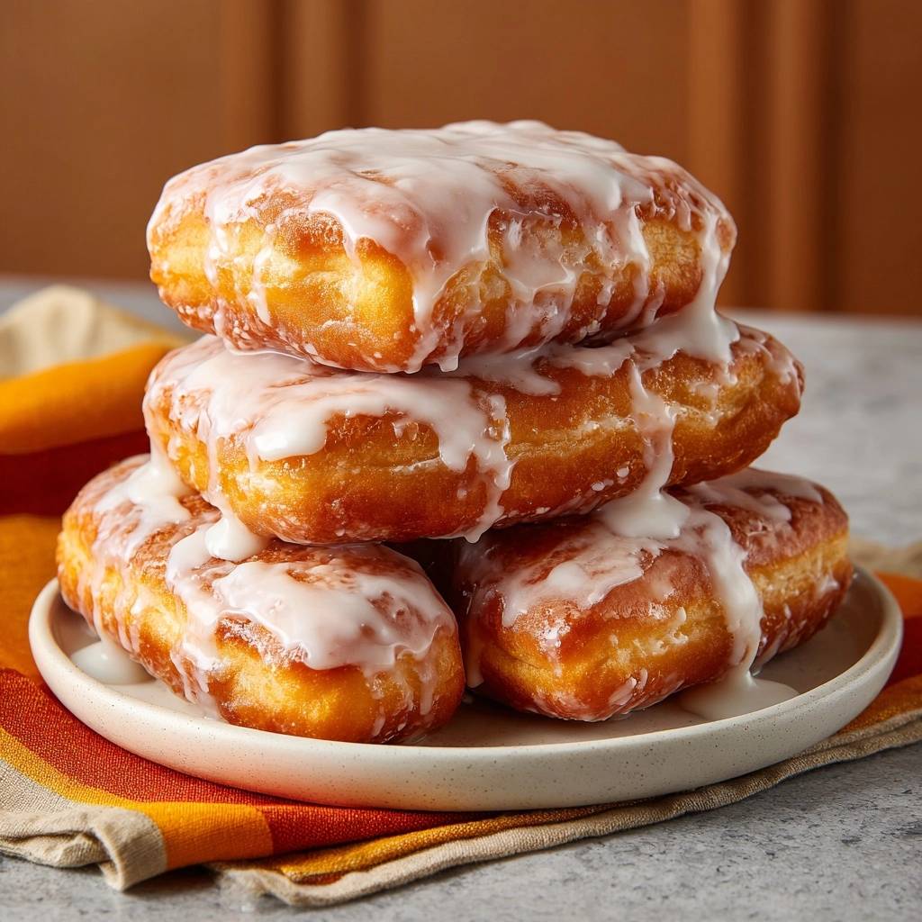 Knusprige Donut Wuerfel Mit Cremigem Guss Gestapelt 1 Knusprige Donut-Würfel mit cremigem Guss, gestapelt auf einem Teller, mit reichlich Glasur, die über die Seiten tropft.