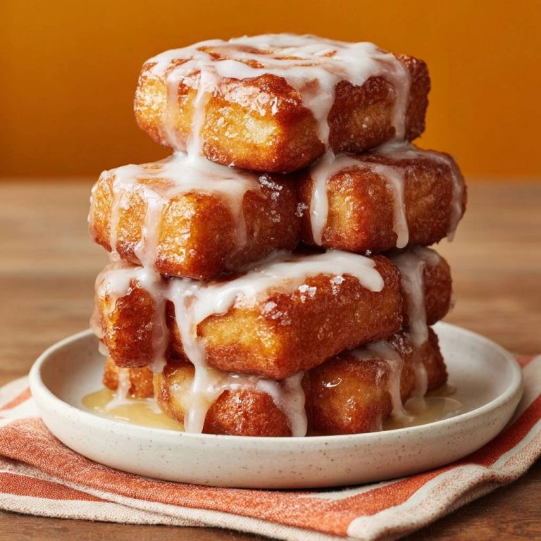 Knusprige Donut-Würfel mit cremigem Guss sind gestapelt und mit reichlich Glasur bedeckt, die auf einem Teller herunterläuft.