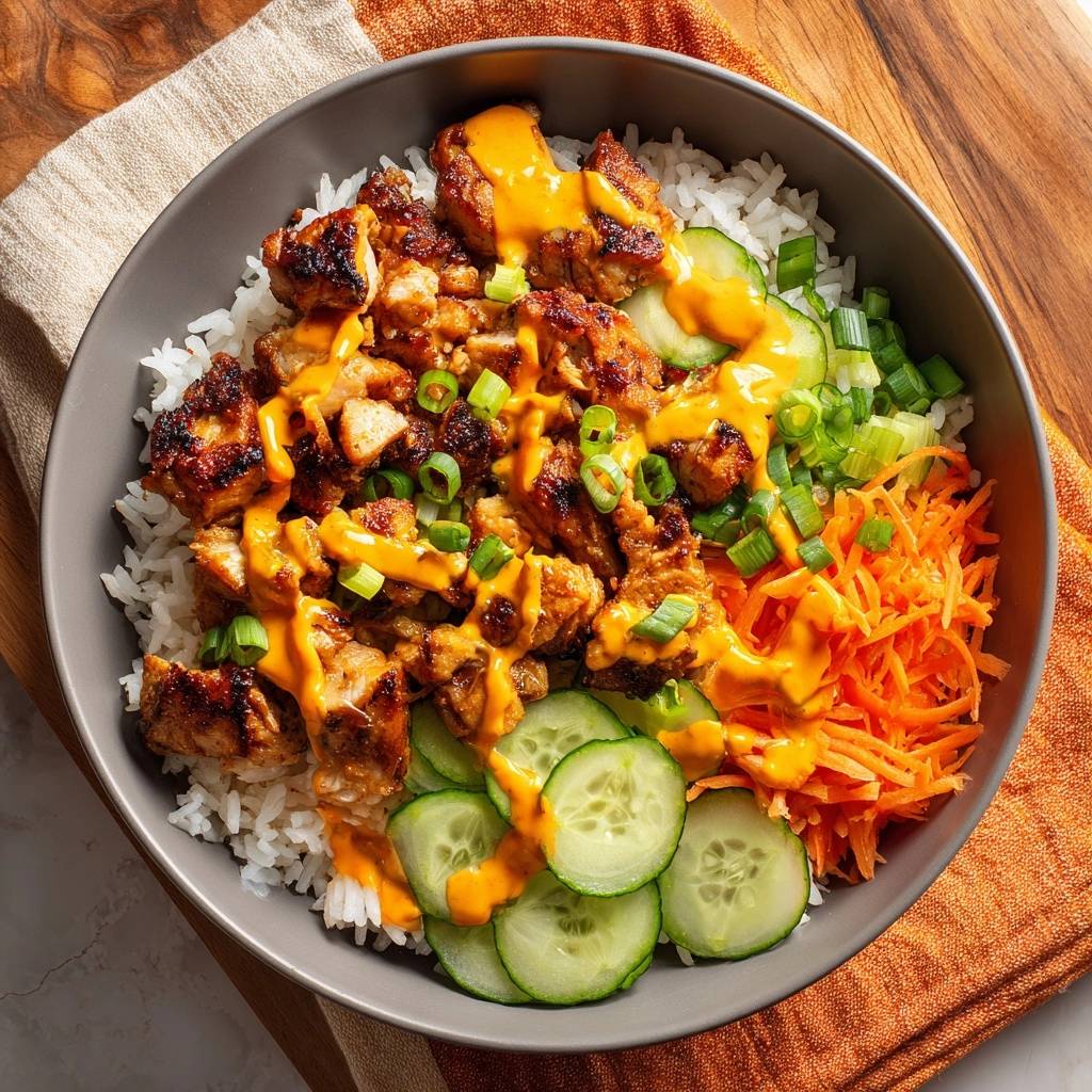 Knusprige Gochujang Hahnchen Bowl Draufsicht 1 Knusprige Gochujang-Hähnchen-Bowl von oben betrachtet, serviert mit Reis, Gurken, Karotten und einem cremigen Dressing.