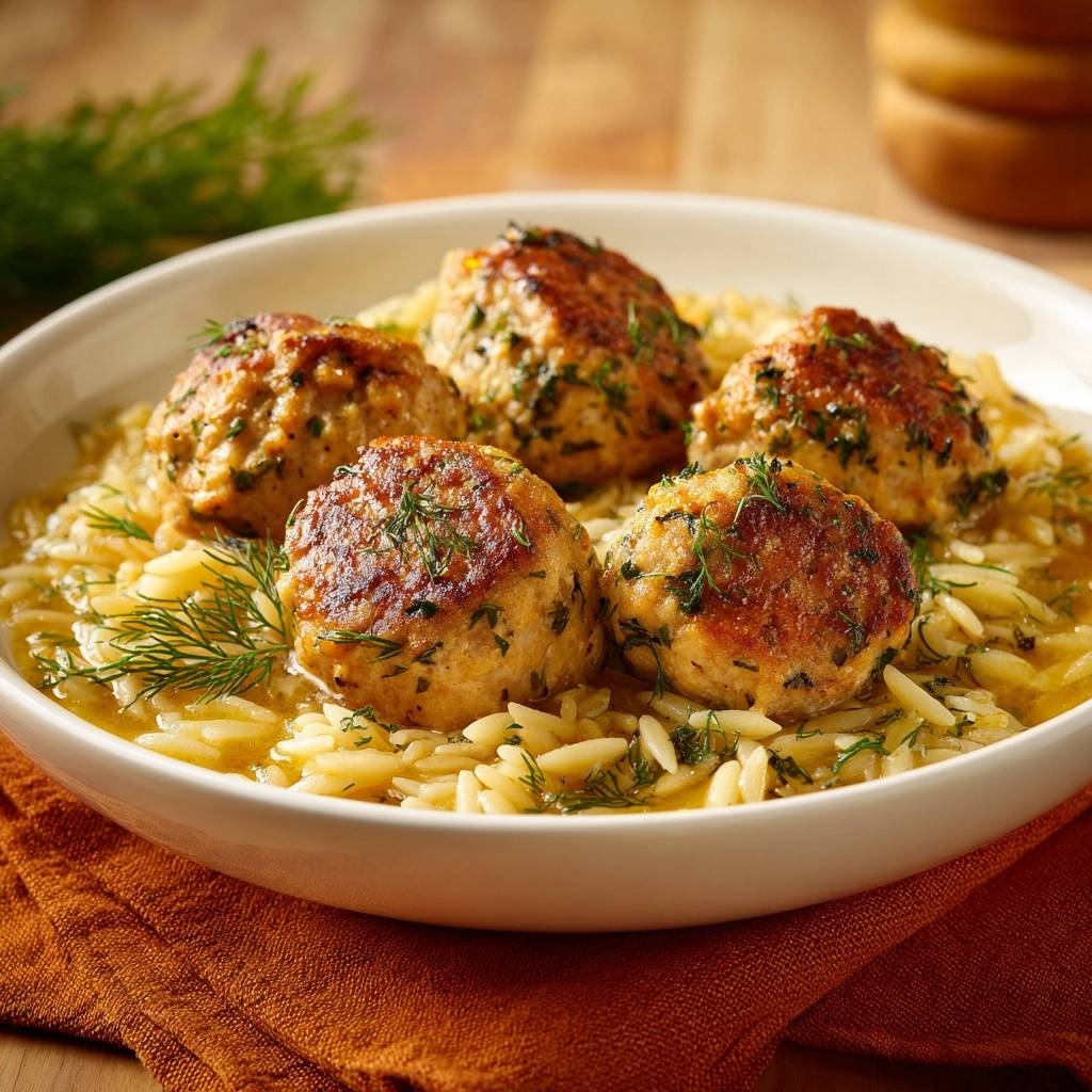 Knusprige Hhnchen Dill Baellchen Mit Orzo Draufsicht 1 Knusprige Hähnchen-Dill-Bällchen mit Orzo, serviert in einer weißen Schüssel, von oben gesehen. Die saftigen Fleischbällchen liegen auf dem Orzo-Bett.