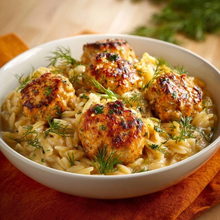 Knusprige Hähnchen-Dill-Bällchen mit Orzo in einer Schüssel, garniert mit frischem Dill, serviert für ein köstliches Mittag- oder Abendessen.