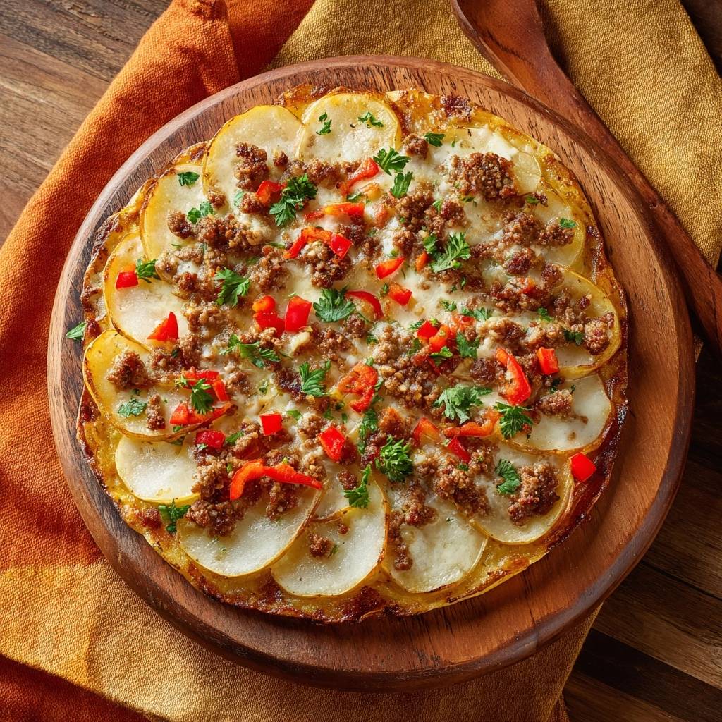 Knusprige Kartoffel Pizza Mit Hack Draufsicht 1 Knusprige Kartoffel-Pizza mit Hack, Paprika & Käse von oben betrachtet, auf einem rustikalen Holzbrett serviert und appetitlich angerichtet.