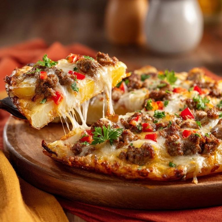Knusprige Kartoffel-Pizza mit Hack, Paprika & Käse: Ein warmer Querschnitt zeigt geschmolzenen Käse und köstliche Zutaten.