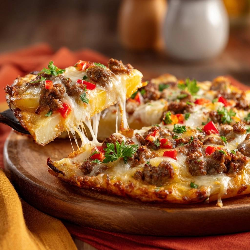 Knusprige Kartoffel-Pizza mit Hack, Paprika & Käse: Ein warmer Querschnitt zeigt geschmolzenen Käse und köstliche Zutaten.
