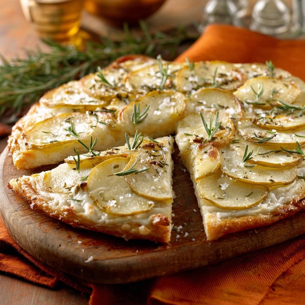 Knusprige Kartoffel Rosmarin Pizza Angeschnitten 1 Knusprige Kartoffel-Rosmarin-Pizza, angeschnitten und serviert auf einem rustikalen Holzbrett, zeigt die herzhaften Kartoffelscheiben und den Rosmarin.