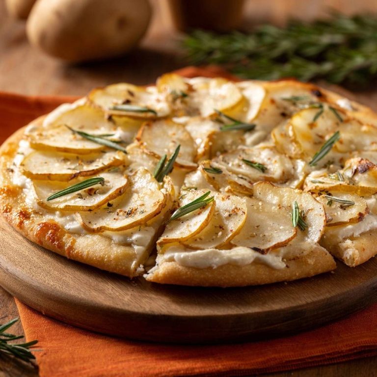 Knusprige Kartoffel-Rosmarin-Pizza, angeschnitten und serviert auf einem Holzbrett, mit frischen Rosmarinzweigen garniert und zum Genießen bereit.