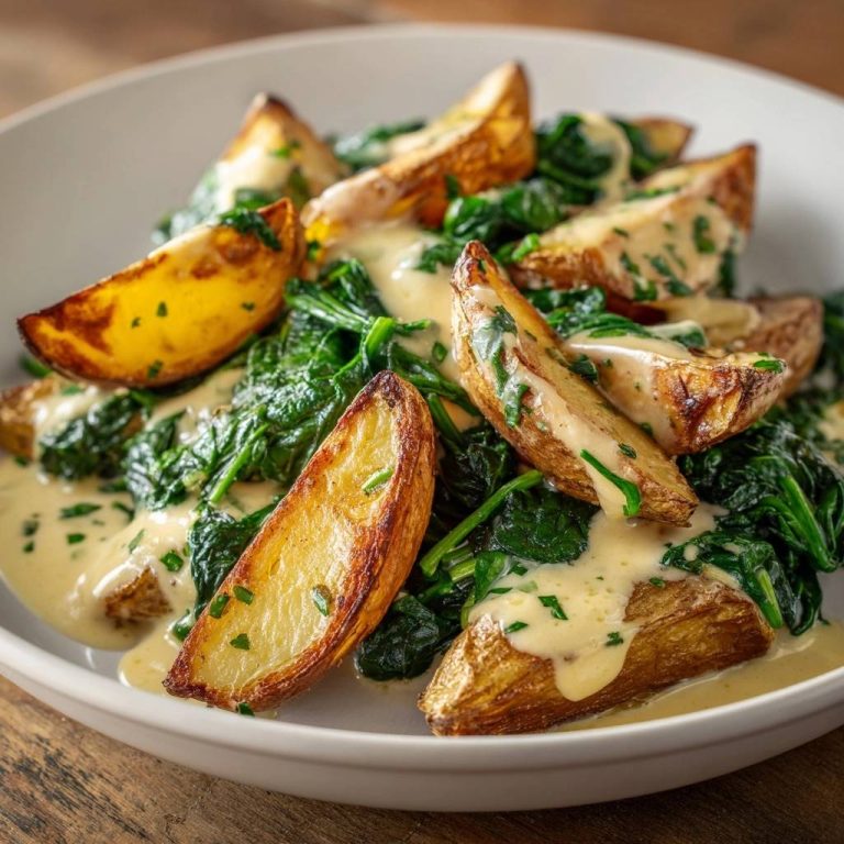 Knusprige Kartoffelkeile mit Spinatcreme serviert in einer weißen Schüssel, bedeckt mit cremiger Sauce und frischen Kräutern.