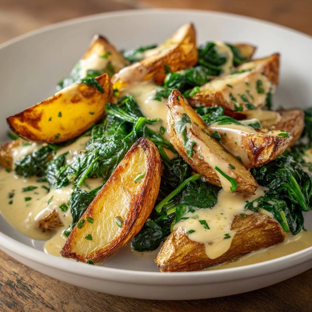 Knusprige Kartoffelkeile mit Spinatcreme serviert in einer weißen Schüssel, bedeckt mit cremiger Sauce und frischen Kräutern.