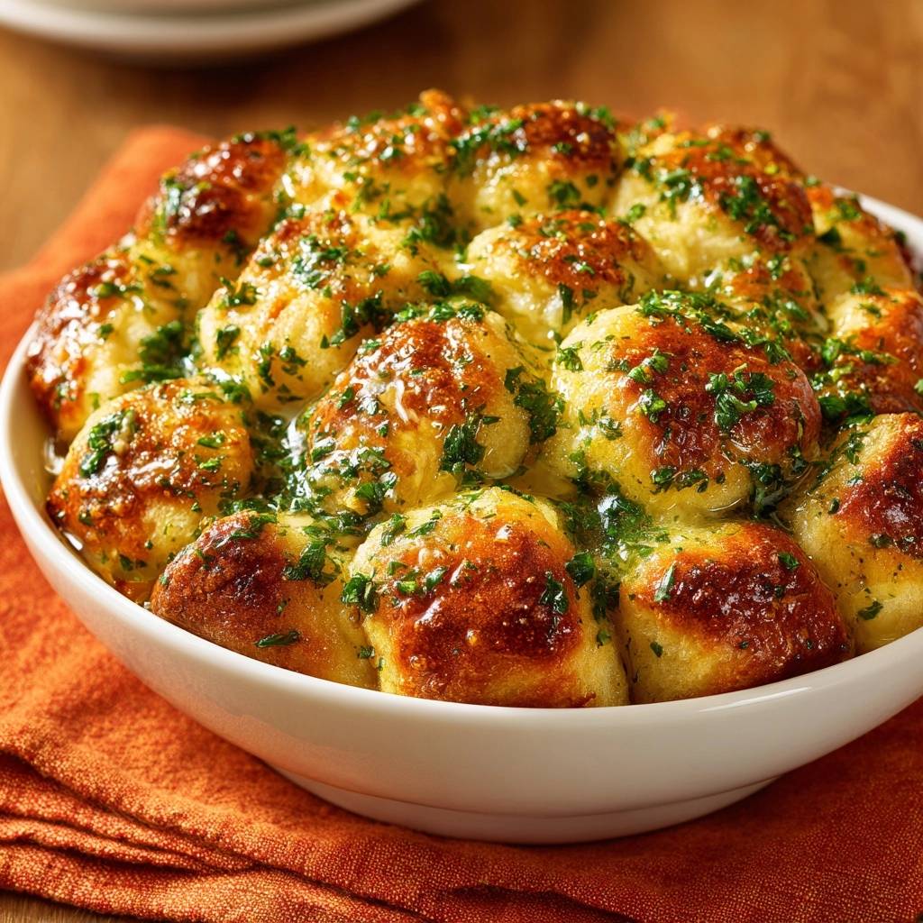 Knusprige Kartoffelknoedel Mit Kraeutersauce Draufsicht 1 Knusprige Kartoffelknödel mit Kräutersauce, serviert in einer weißen Schüssel, mit frischen Kräutern überzogen und appetitlich angerichtet.
