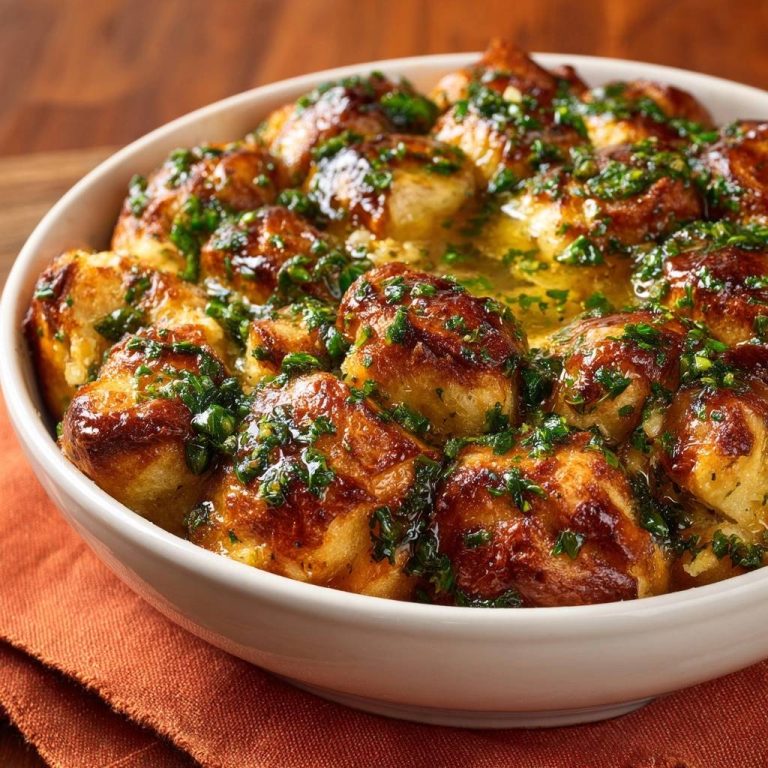 Knusprige Kartoffelknödel mit Kräutersauce in einer Schüssel aus der Vogelperspektive, serviert mit frischen Kräutern und köstlicher Sauce.