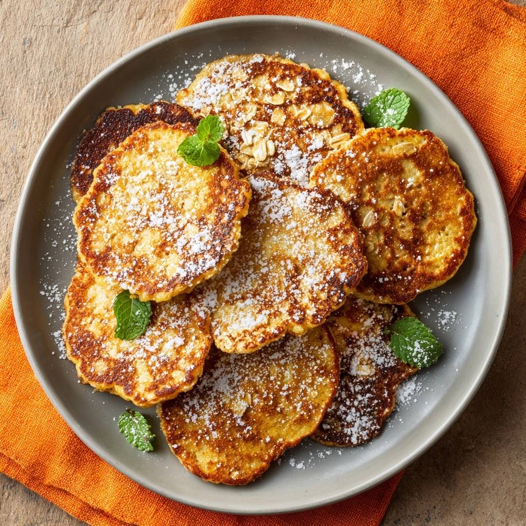 Knusprige Kartoffelreibekuchen Draufsicht Serviert 1 Knusprige Kartoffelreibekuchen, serviert auf einem grauen Teller, garniert mit Puderzucker und frischer Minze, von oben fotografiert.