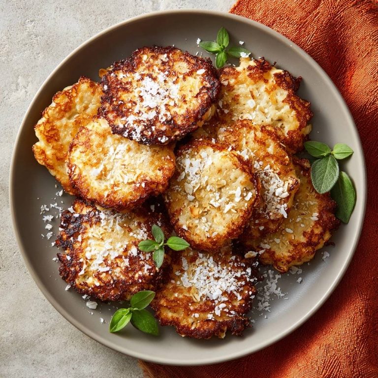 Knusprige Kartoffelreibekuchen, serviert auf einem grauen Teller, garniert mit frischen Kräutern und Kokosflocken. Ein perfektes Gericht für ein herzhaftes Mittagessen.