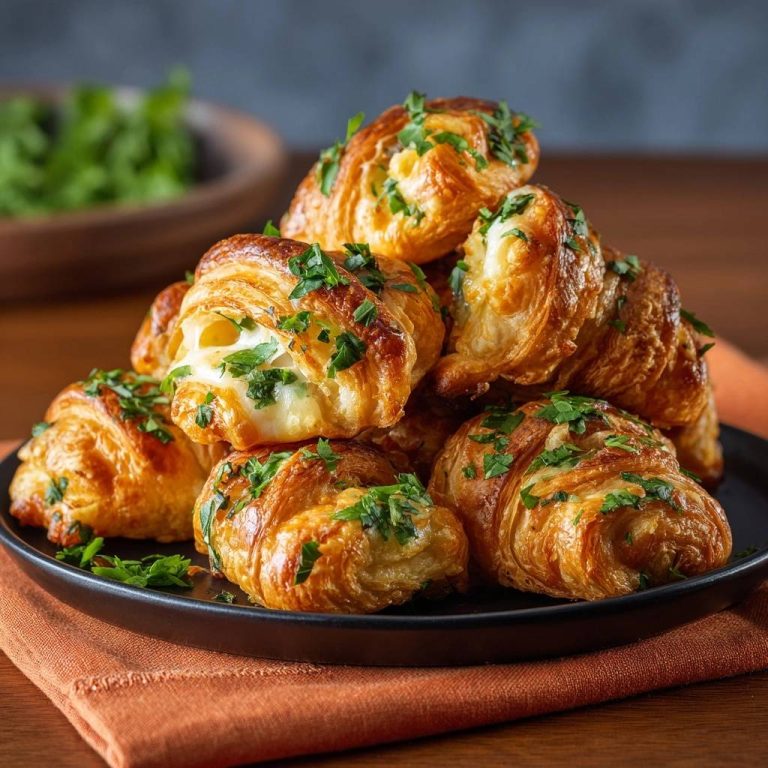 Knusprige Käse-Kräuter-Croissants sind auf einem Teller gestapelt, garniert mit frischer Petersilie und serviert. Ein köstlicher Snack für jede Gelegenheit.