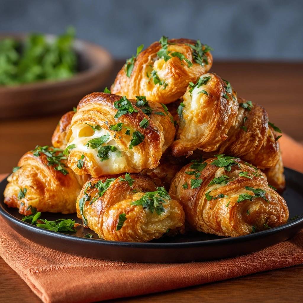 Knusprige Käse-Kräuter-Croissants sind auf einem Teller gestapelt, garniert mit frischer Petersilie und serviert. Ein köstlicher Snack für jede Gelegenheit.